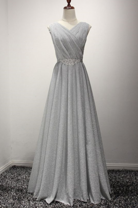 Sparkly Long Grey Evening Formal Dress Shining For Girls,v-neck Prom Dresses