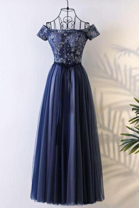 Chic A-line Prom Dress ,off-the-shoulder, Tulle Dark Navy, Applique Evening Dress
