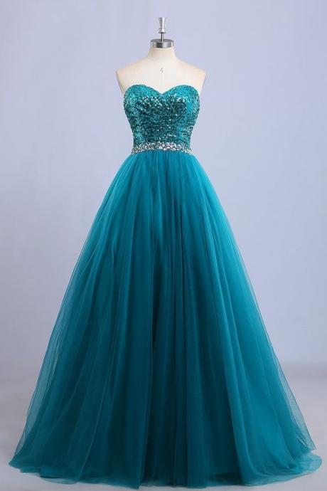 Light Teal Organza ,sweetheart Sequins Beading, Long Prom Dresses, Evening Dresses