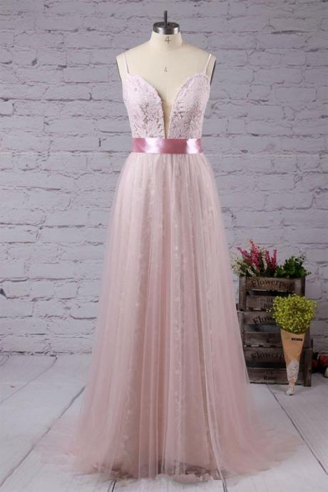 Tulle V-neck Party Dress, Beading Full-length Evening Dresses, V-neck Prom Dress