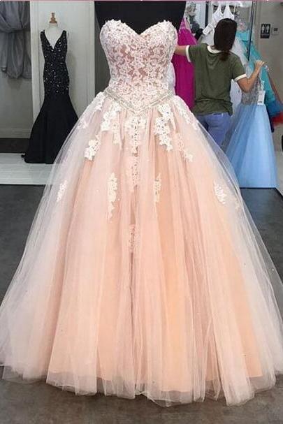 Pink Sweetheart Neck, Tulle Beaded Prom Dress,sweep Train, Evening Dress With Applique