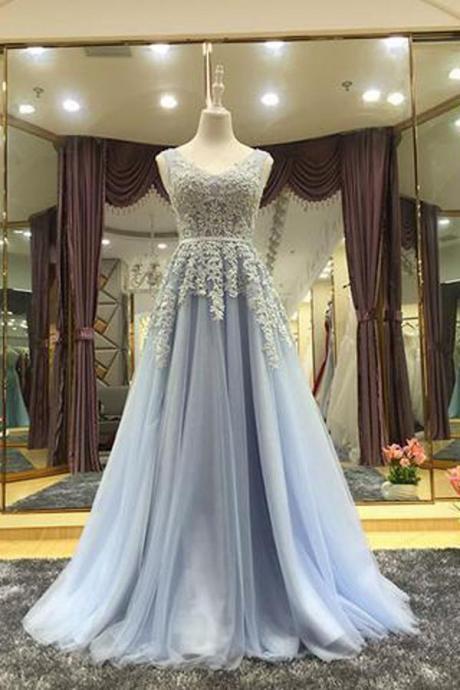 Princess A-Line ,V-Neck Tulle,Floor-Length Prom/Evening Dress with Appliques