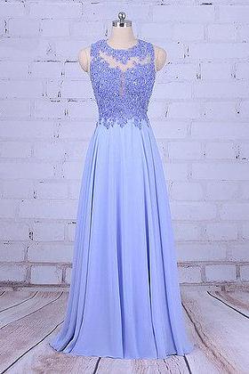 Blue chiffon, open back,long sweet 16 prom dress, blue beaded evening dresses