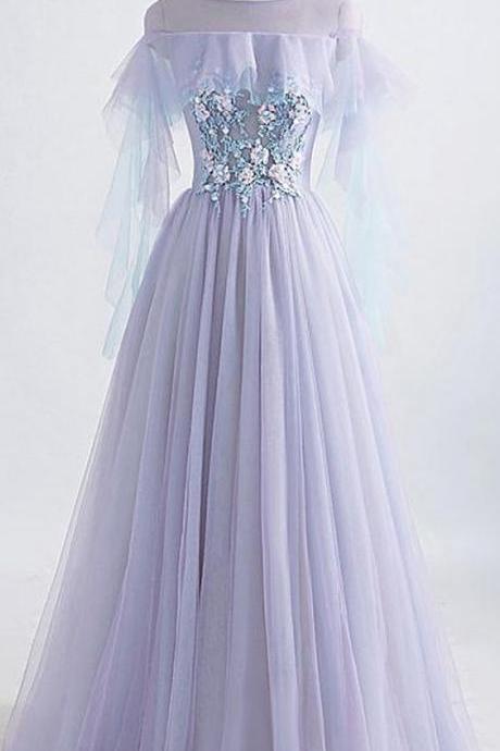 Modest Tulle ,jewel Neckline, Floor-length ,a-line Prom Dress With Beaded Lace Appliques