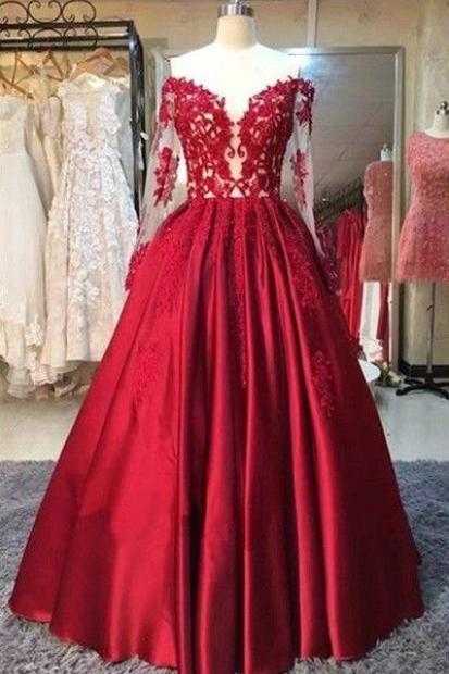Long-sleeves ,off-the-shoulder, Red Lace-appliques ,puffy Prom Dresses