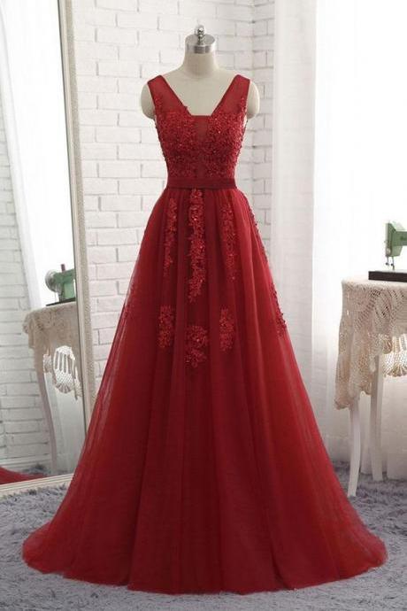 Red Applique Ball Gowns A-line Party Dress Long Tulle Prom Dress,red V-neck Sleeveless Evening Dress