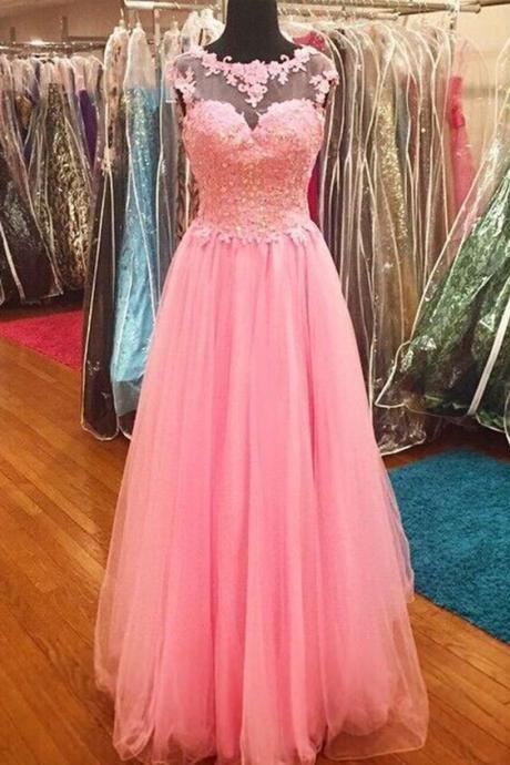 Pink Ball Gowns Tulle Round-neck Evening Dress Sequins Lace Princess A-line Long Prom Dresses Graduation