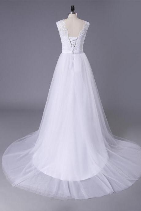 Princess White Tulle Lace Top Beaded Wedding Dresses, Long Bridal Dress