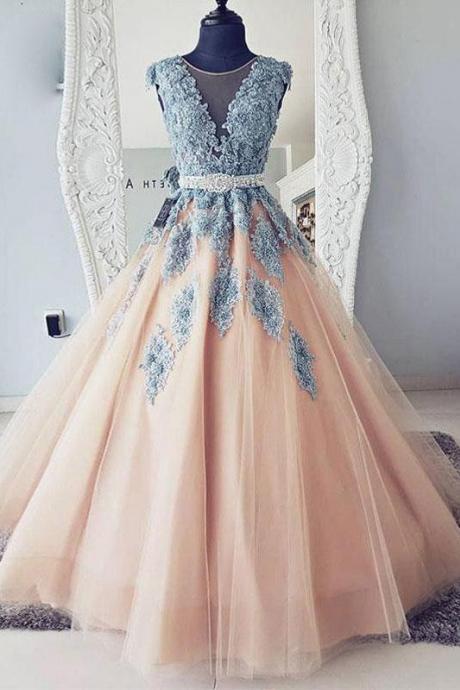 V-neck Blue Lace party dress Ball Gown Long Tulle Evening Dresses,Cheap sleeveless Prom Dress