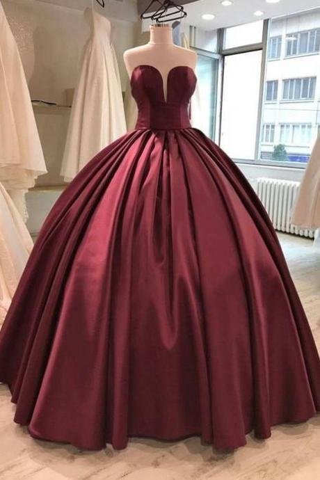 Floor Length Satin Party Dress Burgundy Ball Gown Evening Dresses Strapless Prom Dress