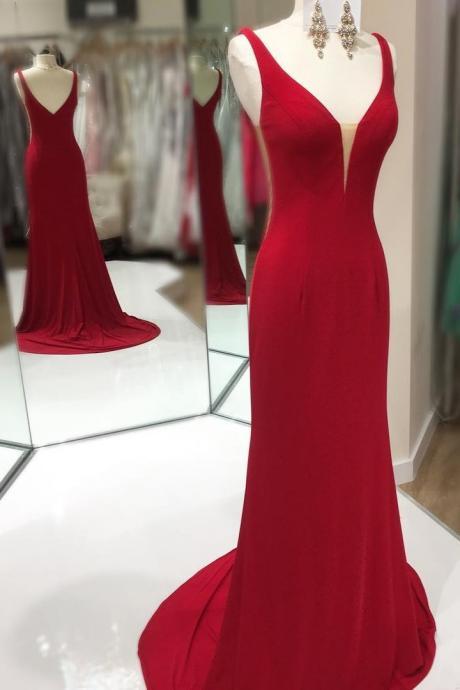 Hugging Bodice evening dress Long Red Prom Dresses with Plunging V-neckline party dress