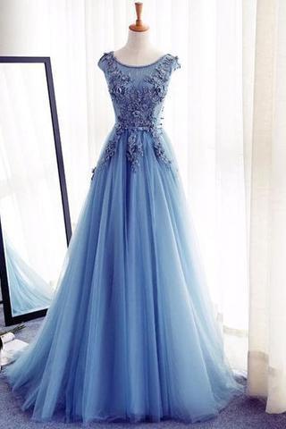 Scoop Neckline Evening Dress Blue Appliques Long A-line Tulle Elegant Prom Dresses