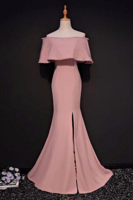 Elegant Trumpet Mermaid Off-the-shoulder Floor Length Pink Prom Dress With Slit