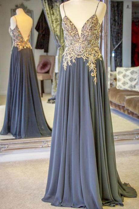 Beaded Chiffon evening dress Spaghetti Straps Long Prom Dresses With Appliques
