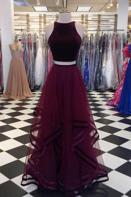 Charming Prom Dress, Sexy Two Piece Prom Dresses, Tulle Long Homecoming Dress, Burgundy Evening Dress