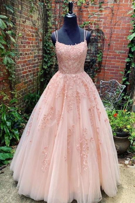Pink tulle lace long prom dress, pink tulle lace evening dress spagheti party dress sleeveless evening dress