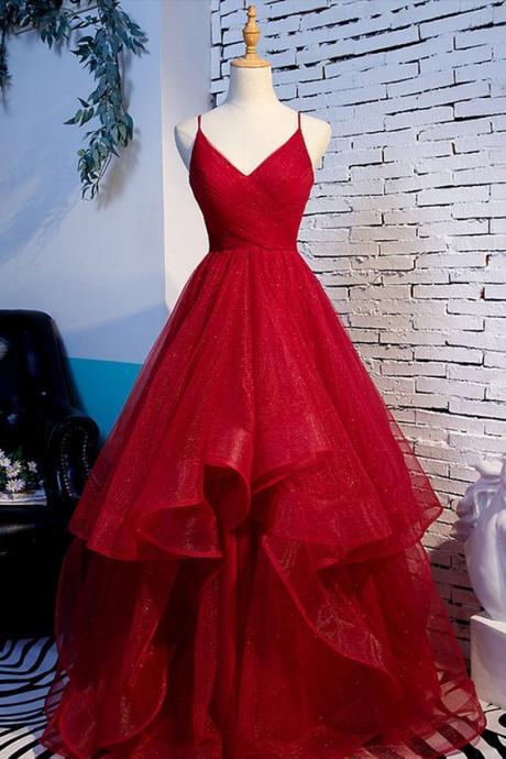 Red Tulle Evening Dress Layered Spaghetti Straps Party Dress V Neck Evening Dress Lace Up Formal Dress