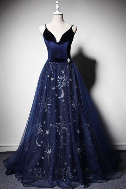 Navy Blue Velvet Prom Dress Long Floral Tulle Party Dress Open Back Evening Dress Beaded Senior Prom Dress