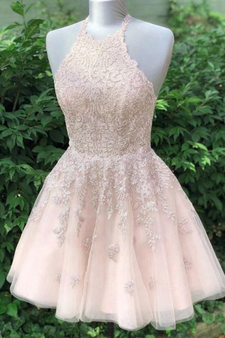 Pretty Lace A-line prom dress Halter neck party dress Back Homecoming Dresses with Appliques sleeveless evening dress