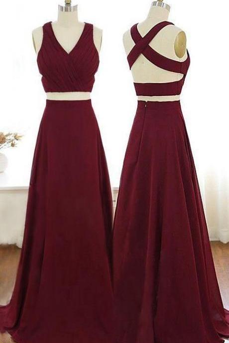 Wine Red Prom Dress Two Piece Party Dress V-neck Evening Dress Sleeveless Formal Dress Sexy Evening Dress