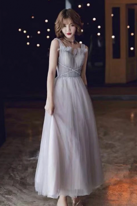 Smoky Gray Party Dress Strapless Gown Tulle Long Prom Dress Backless Formal Dress