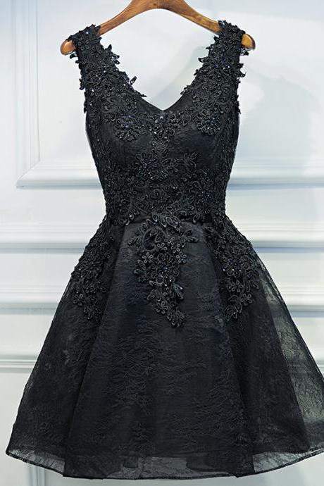 V-neck Party Dress Black Evening Dress Short Mini Homecoming Dress