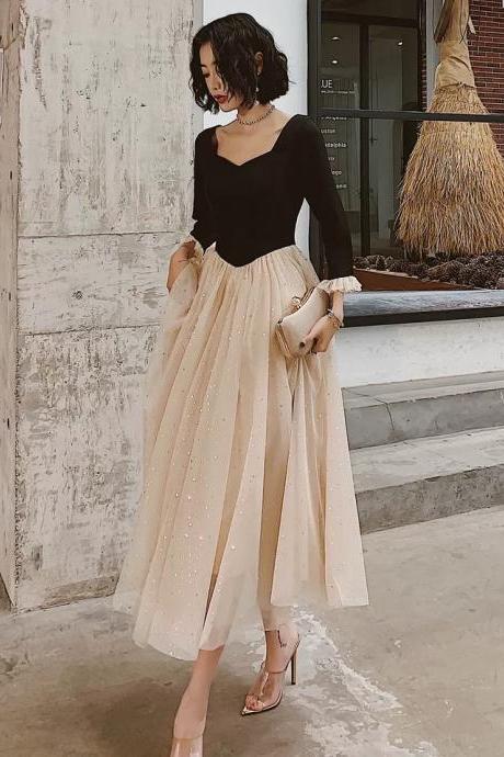 Long Sleeve Prom Dress ,elegant Midi Dress, Black And Champagne Party Dress With Sequin