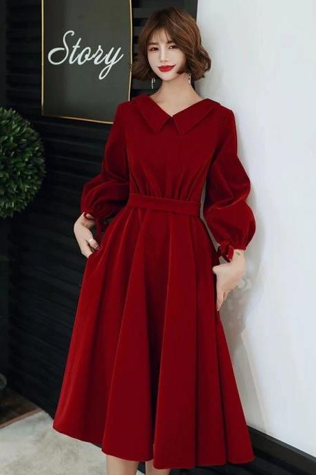 Long sleeve prom dress red party dress girl homecoming dress