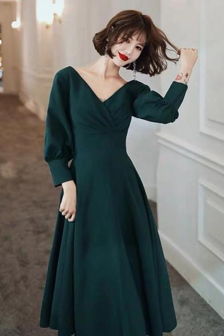 Dark green prom dress long sleeve party dress v-neck evening dress temperament formal dress