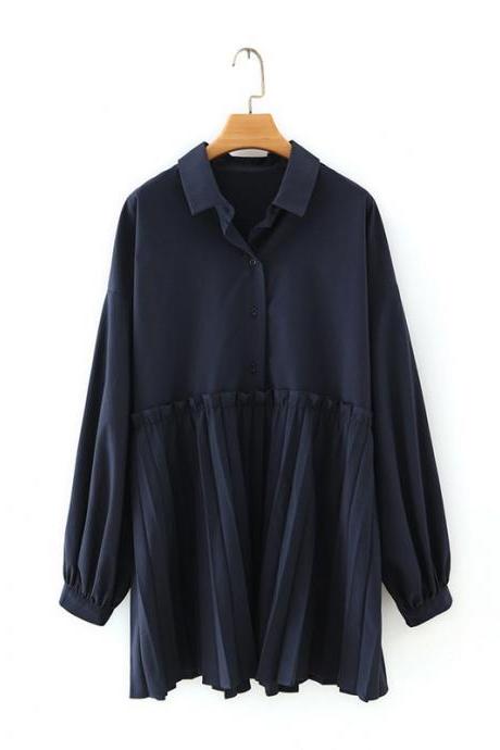 Lapel row button up stitching pleated hem shirt and blouse