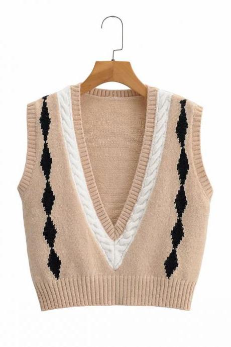Fall V-neck cuffless head versatile diamond check contrast colored knitted vest