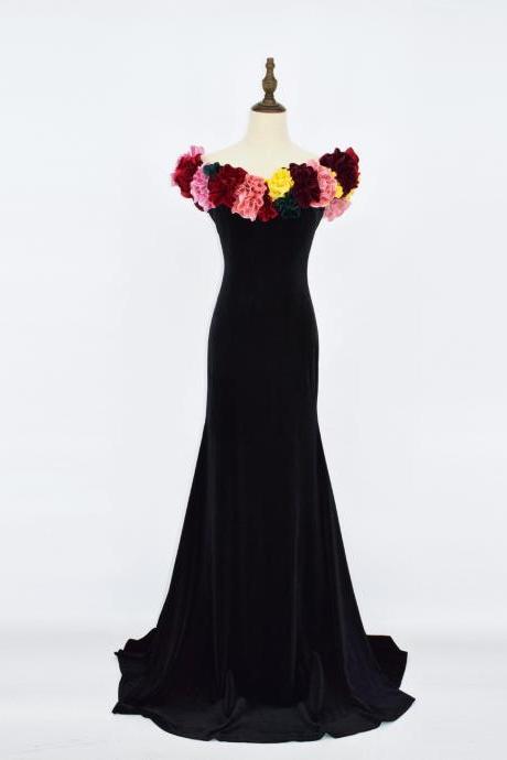 Black Party Dress ,off Shoulder Prom Dress ,velvet Evening Dress With Applique ,custom Made