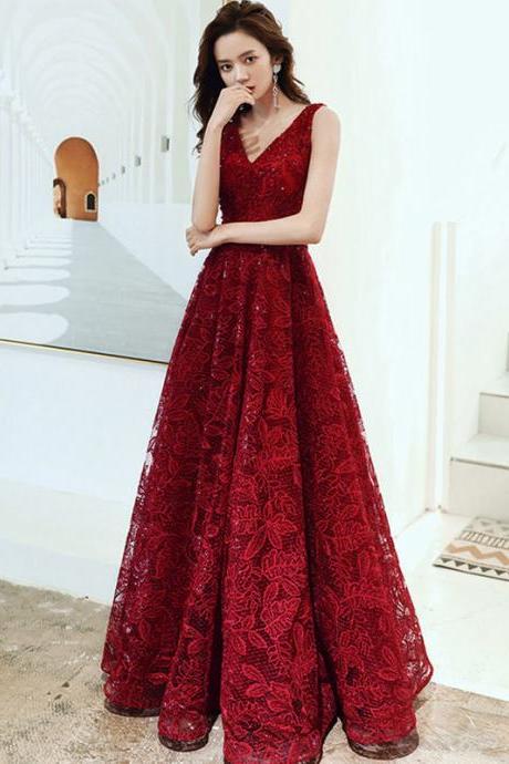 V-neck Prom Dress,red Party Dress,lace Embroidered Prom Dress,custom Made