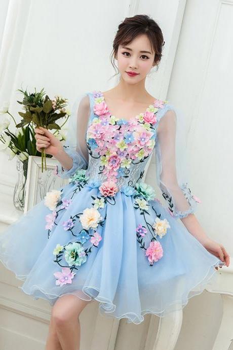 Long Sleeve Prom Dress,blue Party Dress ,fancy Homecoming Dress Wiit Applique,custom Made