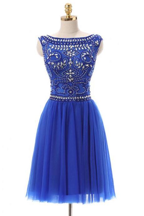 Cap Sleeve Prom Dress,royal Blue Party Dress,fornal Homecoming Dress With Beads,custom Made