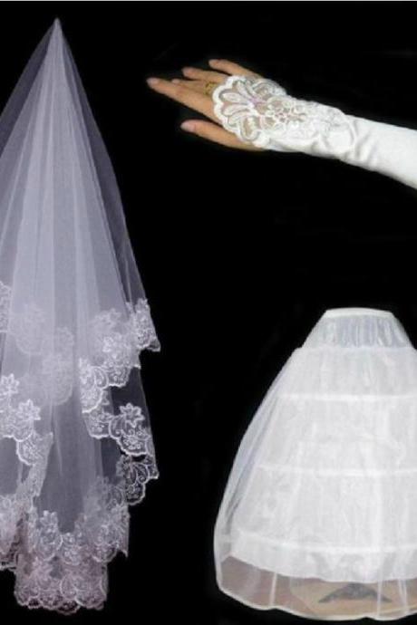 Wedding Lace Veil/stretch Satin Gloves/mesh Gauze Skirt, Brace Wedding Accessories Set Of 3 Pieces