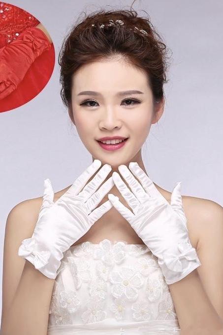 Bridal Gloves Wholesale, New Fingers Short, White/Red Satin Wedding Gloves