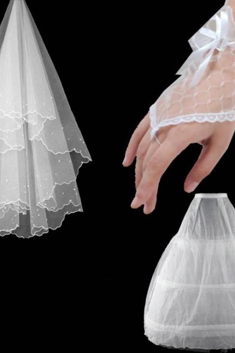 Manufacturers Direct , Bridal White Wedding Accessories, Gloves/ Head Veil/ Skirt Support Wedding Three-piece Set