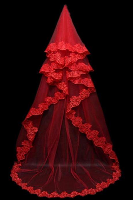Bridal Veil, 3 Meters Of Lace, Red Long Tail Wedding Veil, Spot Manufacturers Direct