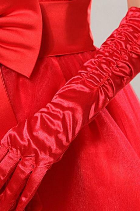 Bride Dress Gown Gloves, Red Stretch Satin Lengthened Five Fingers
