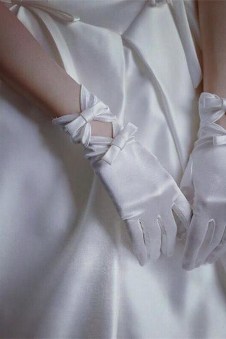 Bride Glove, Lace White Bow Wedding Glove, Wedding Glove Short, Satin Glove