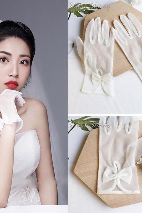 White Bride Gloves, Gauze Wedding Gloves, Hollowed-out Long And Short Styles, Marriage Sun Protection, Simple