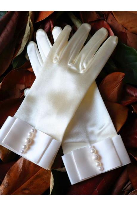 Creamy White Short Pearl Studio Photo Bride Wedding Wedding Gauze Gloves Vintage Satin Performance Gloves