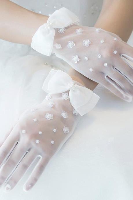 Wedding Gloves, Simple Short Spring And Summer Gauze Thin Pearl Gloves