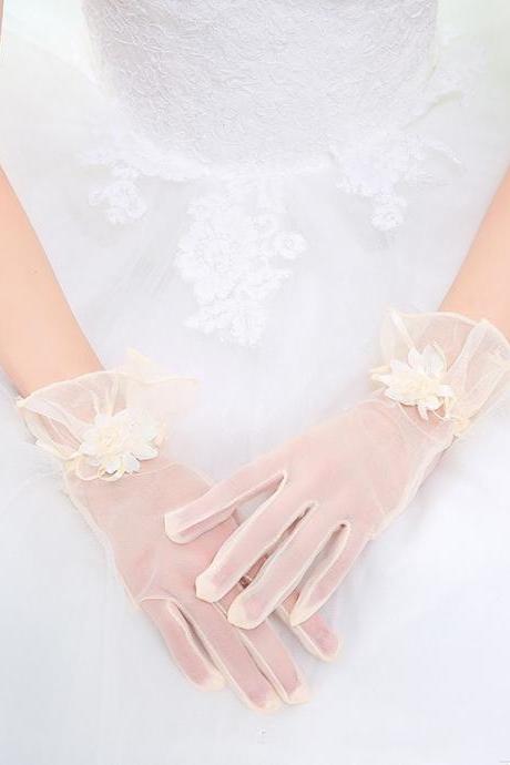 Bride's Wedding Lace Flower Gloves, Champagne Color Net Gauze Short Style, Marriage Sun Protection Gloves, Simple