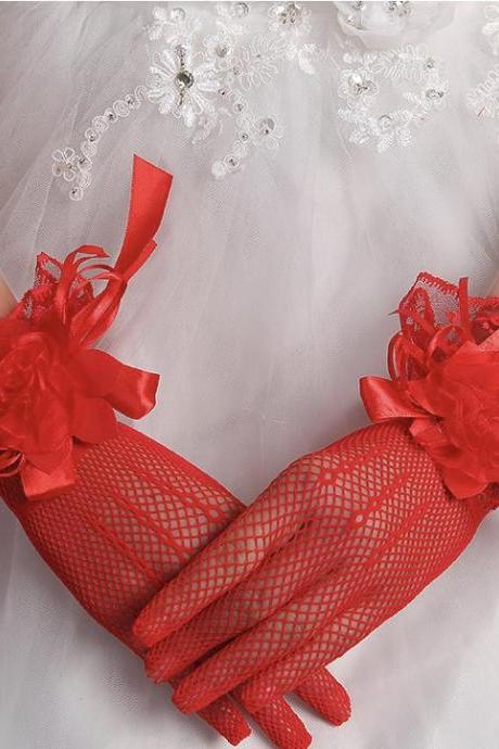 Wholesale bridal gauze gloves, short lace bridal dress accessories, summer knit mesh gloves