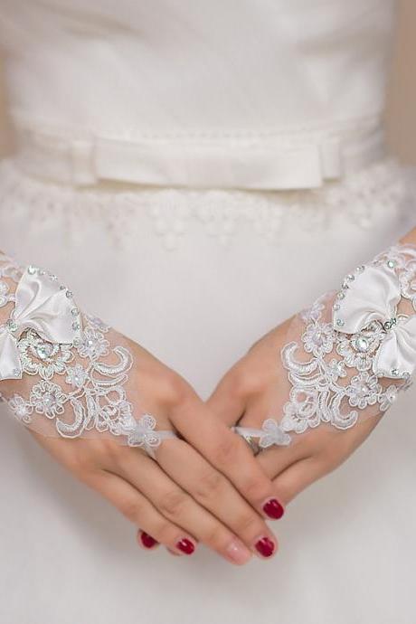 New wedding dress gloves, fingerless bow tie gloves, performance gloves, wedding dress point diamond lace gloves