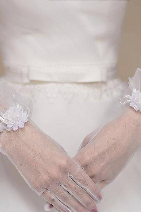 Bride Gloves, White Fingered Floret Beautifully Decorated 5-Fingered Mesh Gloves, Wedding Dress Accessories Wholesale