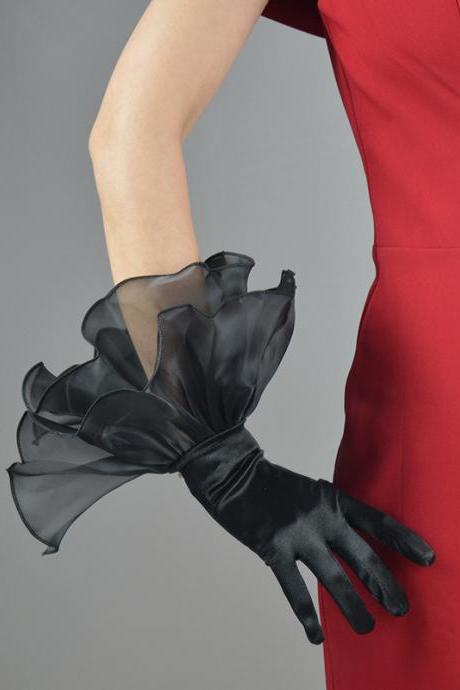 Evening Gloves, Black Satin Gloves, Flounces Resilient, Wedding Dress Dinner Accessories, Elegant Gloves