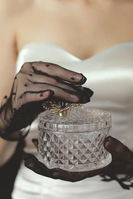 New, bridal dress gloves, stretch satin simple, black/white bow gloves